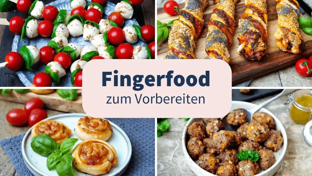 Vier Bilder zeigen köstliches, gesundes Fingerfood: Caprese-Spieße, herzhafte Teigschnecken, Hackbällchen und Blätterteigstangen mit Sesam und Mohn.