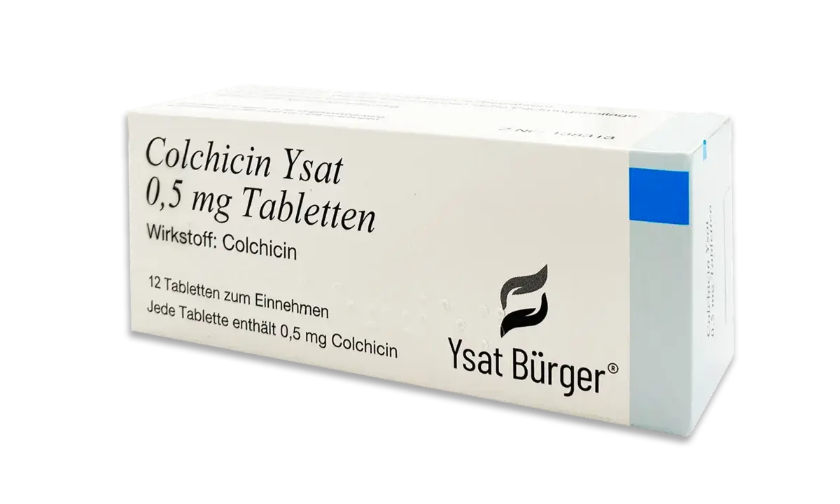 Packung Colchicin Ysat 0,5 mg Tabletten, ein Medikament zur Behandlung von Gicht.