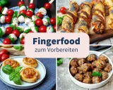 Vier Bilder zeigen köstliches, gesundes Fingerfood: Caprese-Spieße, herzhafte Teigschnecken, Hackbällchen und Blätterteigstangen mit Sesam und Mohn.