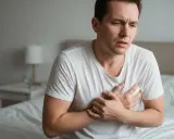 Mann mit schmerzverzerrtem Gesicht hält sich die Brust. Er leidet unter Brustbein Schmerzen.