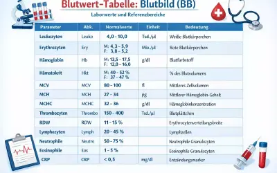 Blutbild-Tabelle mit Parametern wie Leukozyten, Erythrozyten, Hämoglobin und Thrombozyten. Diese Werte helfen, das biologische Alter zu beurteilen.