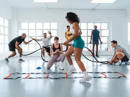 Gruppe trainiert mit Seilen und Leitern. Ein Mann gibt Anweisungen, während andere intensives Intervalltraining absolvieren.