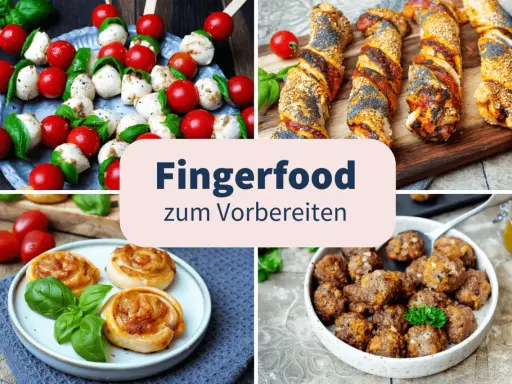 Vier Bilder zeigen köstliches, gesundes Fingerfood: Caprese-Spieße, herzhafte Teigschnecken, Hackbällchen und Blätterteigstangen mit Sesam und Mohn.