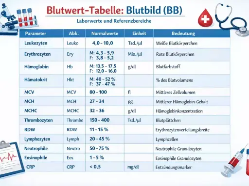Blutbild-Tabelle mit Parametern wie Leukozyten, Erythrozyten, Hämoglobin und Thrombozyten. Diese Werte helfen, das biologische Alter zu beurteilen.