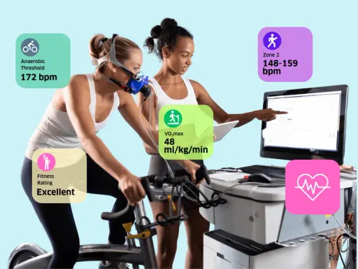 Frau auf Ergometer mit Maske, Trainer überwacht Werte wie VO2max (48 ml/kg/min), anaeroben Schwellenwert (172 bpm) und Fitness-Rating (Excellent).