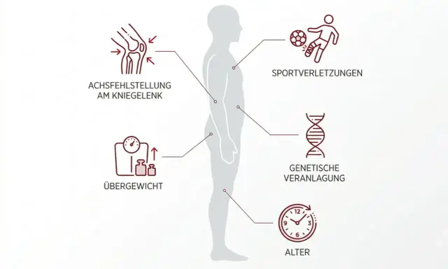 Grafik zeigt arthrose ursachen: Achsfehlstellung, Übergewicht, Sportverletzungen, genetische Veranlagung und Alter.