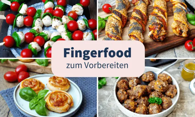 Vier Bilder zeigen köstliches, gesundes Fingerfood: Caprese-Spieße, herzhafte Teigschnecken, Hackbällchen und Blätterteigstangen mit Sesam und Mohn.