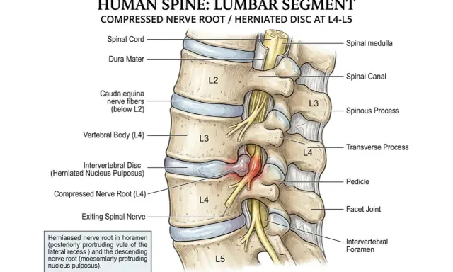 Detail der Lendenwirbelsäulen-L4-L5-Region mit Bandscheibenvorfall, der eine Nervenwurzel komprimiert. Anatomie der Lende.