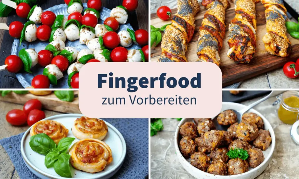 Vier Bilder zeigen köstliches, gesundes Fingerfood: Caprese-Spieße, herzhafte Teigschnecken, Hackbällchen und Blätterteigstangen mit Sesam und Mohn.