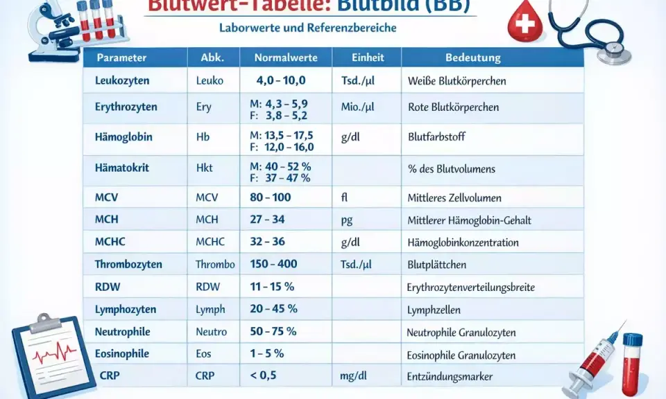 Blutbild-Tabelle mit Parametern wie Leukozyten, Erythrozyten, Hämoglobin und Thrombozyten. Diese Werte helfen, das biologische Alter zu beurteilen.