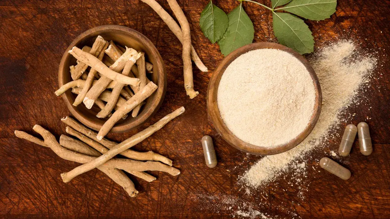 Ashwagandha-Wurzeln, Pulver und Kapseln auf Holzuntergrund. Ideal für eine entspannte Nachtruhe.
