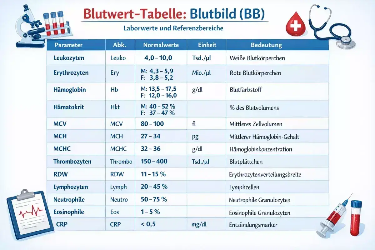 Blutbild-Tabelle mit Parametern wie Leukozyten, Erythrozyten, Hämoglobin und Thrombozyten. Diese Werte helfen, das biologische Alter zu beurteilen.
