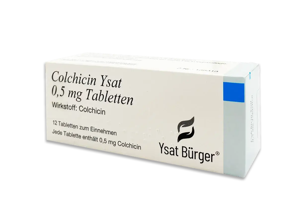 Packung Colchicin Ysat 0,5 mg Tabletten, ein Medikament zur Behandlung von Gicht.