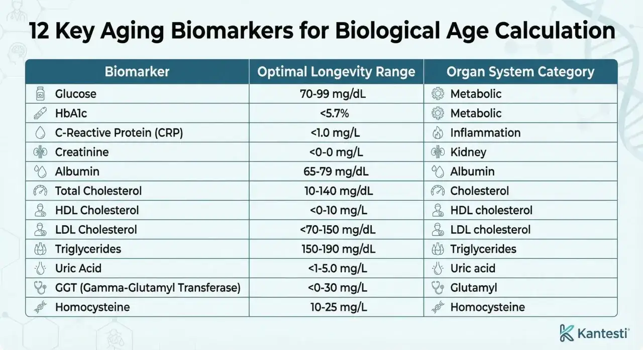 Tabelle mit 12 Biomarkern für das biologische Alter, deren optimale Werte und Organ-Kategorien.