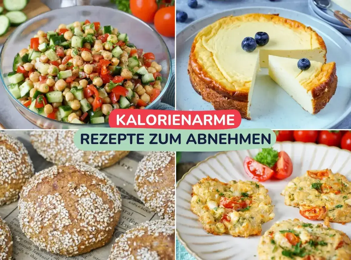 Vier Bilder von gesunden Gerichten: Kichererbsensalat, Käsekuchen, Vollkornbrötchen und herzhafte Muffins.