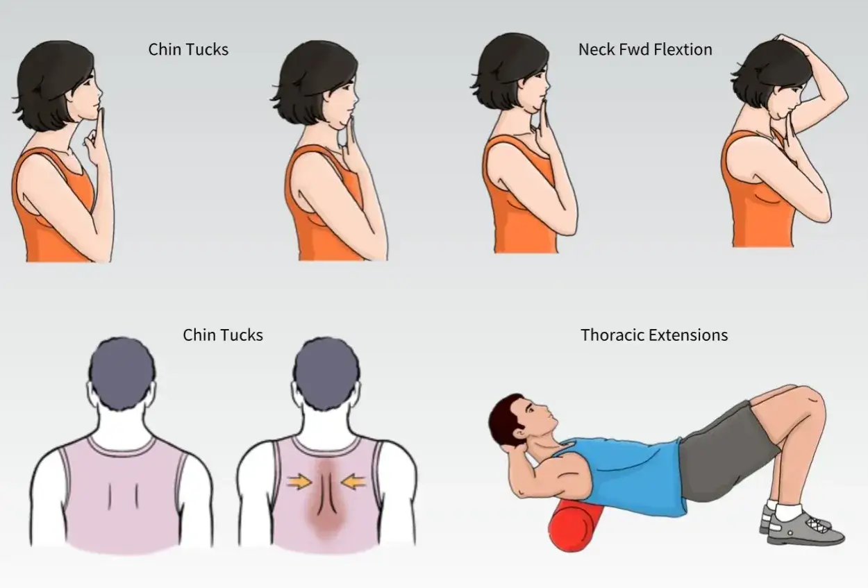 &Uuml;bungen zur St&auml;rkung der Nackenmuskulatur: Kinn-Tucks, Nackenflexion und Thorax-Extensionen mit Schaumstoffrolle.