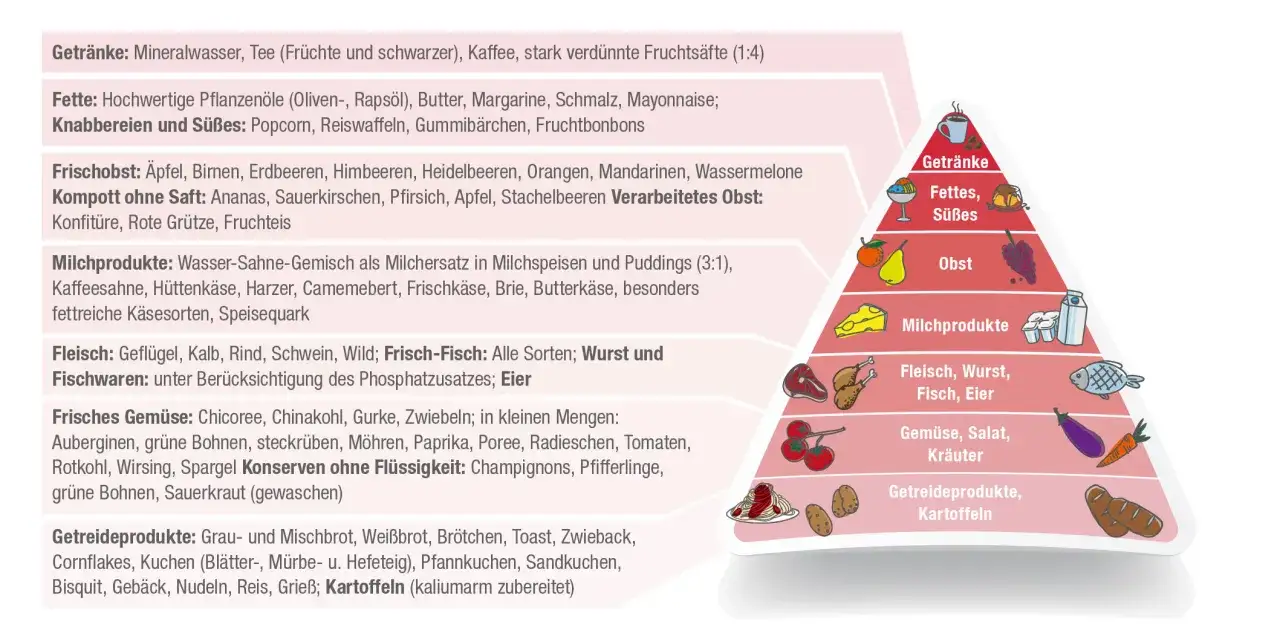 Bei Niereninsuffizienz: Gefl&uuml;gel, Kalb, Rind, Schwein, Wild, Fisch, Eier sind erlaubt. Kartoffeln kaliumarm zubereitet.