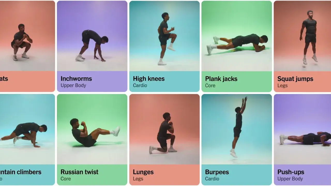 Mann macht verschiedene Übungen wie Kniebeugen, Ausfallschritte und Burpees. Perfekt für ein intensives Intervalltraining.