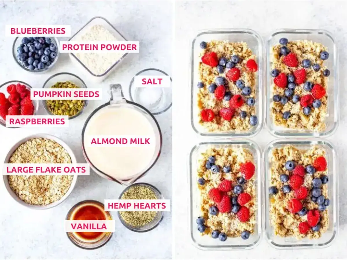 Haferkur Erfahrungen: Zutaten f&uuml;r Overnight Oats mit Beeren, N&uuml;ssen & Proteinpulver, vorbereitet in vier Meal-Prep-Beh&auml;ltern.