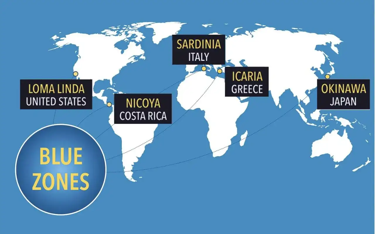 Weltkarte zeigt die BLUE ZONES: Loma Linda (USA), Nicoya (Costa Rica), Sardinien (Italien), Ikaria (Griechenland) und Okinawa (Japan).