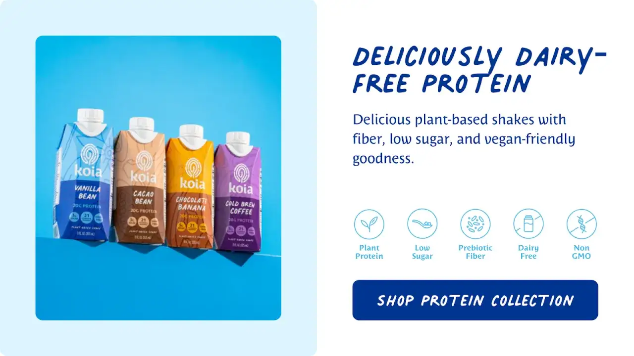 Vier Koia Proteinshakes in verschiedenen Geschmacksrichtungen, ideal als proteinshake vor dem schlafen.