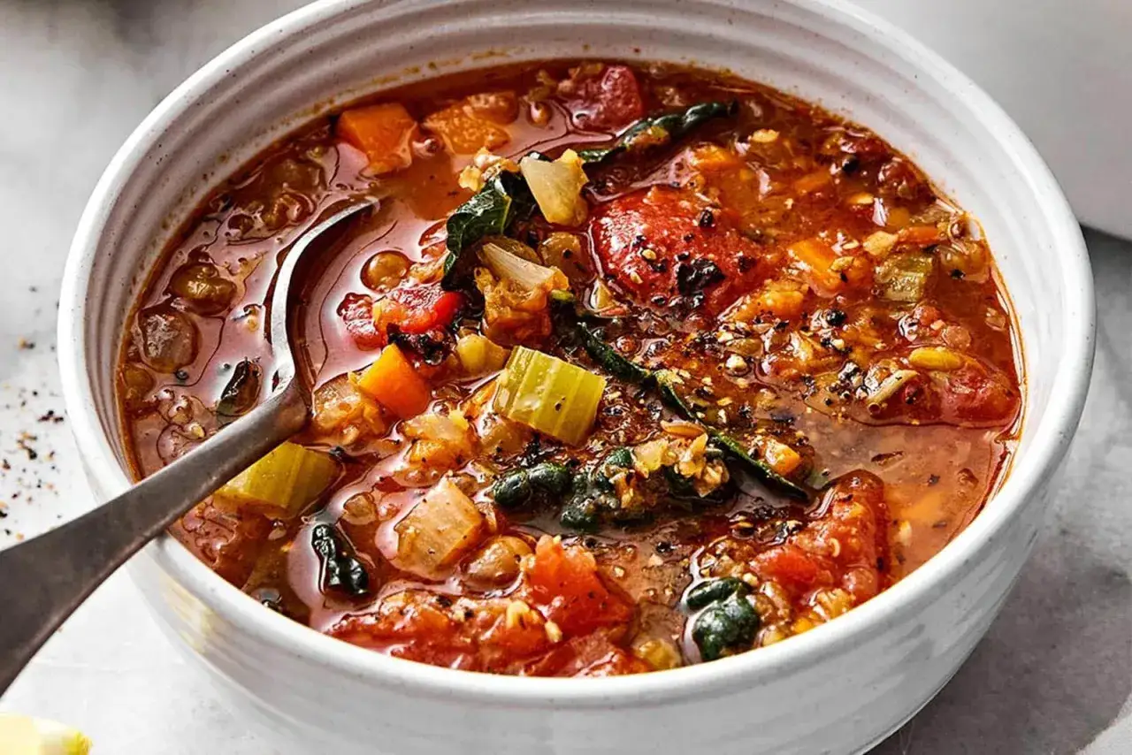Eine Schüssel mit herzhafter Gemüsesuppe mit Linsen, Tomaten und Grünkohl.
