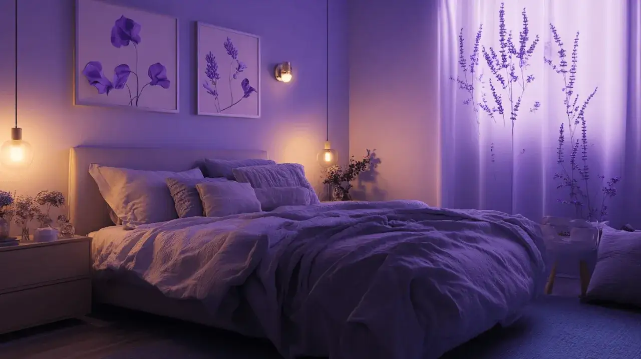 Gem&uuml;tliches Schlafzimmer mit lila Akzenten, Kunstwerken von Blumen und einem Hauch von Lavendel im Licht.
