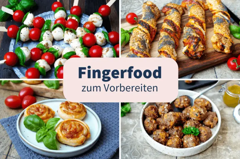Vier Bilder zeigen köstliches, gesundes Fingerfood: Caprese-Spieße, herzhafte Teigschnecken, Hackbällchen und Blätterteigstangen mit Sesam und Mohn.